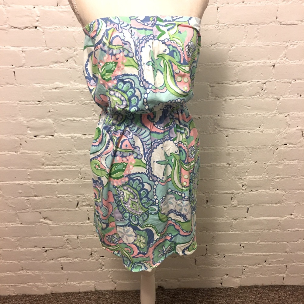 Lilly Pulitzer strapless jersey mini dress pink green paisley size m